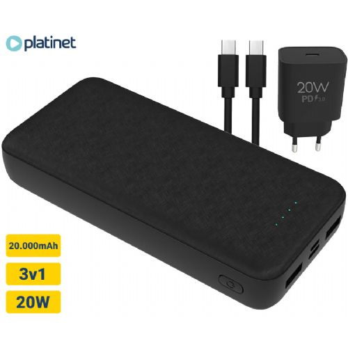 Powerbank Platinet PMPB20SET 3in1 set rechargeable battery, +adapter 20W, +cable 100cm, 20,000mAh, Power Delivery, 2x USB Type-A, 1x USB Type-C, 1x microUSB, LED indicators, black
