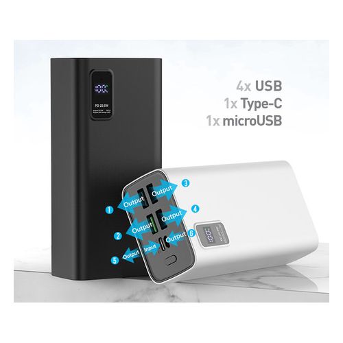 Platinet PMPB30WQC728B powerbank rechargeable battery, 30,000mAh, Quick Charge 3.0, Power Delivery 3.0, 4x USB Type-A, 1x USB Type-C, 1x microUSB, LED battery display, black
