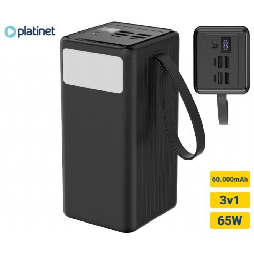 Platinet PMPB6065 powerbank rechargeable battery, 65W, 60,000mAh, Quick Charge 3.0, Power Delivery, SCP, 4x USB Type-A, 2x USB Type-C, digital display, LED light, black