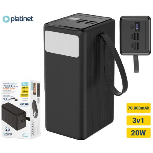 Platinet PMPB7020 powerbank rechargeable battery, 20W, 70,000mAh, Quick Charge 3.0, Power Delivery, SCP, 4x USB Type-A, 2x USB Type-C, digital display, LED light, black