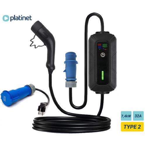 PLATINET PPC32AT7 portable EV electric charger, 7.4kW, 32A, TYPE 2, 5m, SCHUKO adapter, Plug&Play, for electric / hybrid vehicles, LED display, + bag