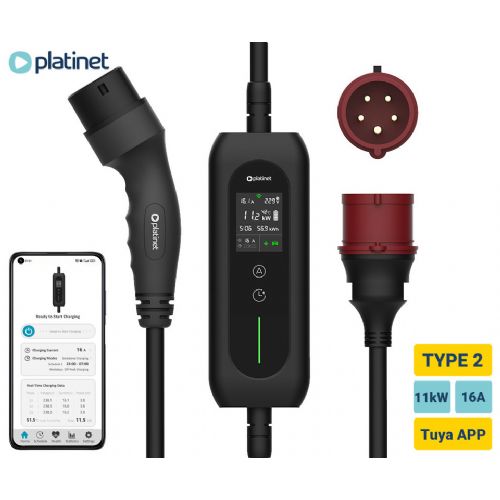 Smart EV charger PLATINET PPCW5M11, portable, 11kW, 16A, TYPE 2, 5m, 3-phase, Tuya Smart application, WIFI, Bluetooth, for electric / hybrid vehicles, LCD display, + bag