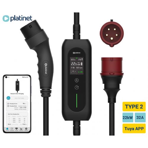 Smart EV charger PLATINET PPCW5M22, portable, 22kW, 32A, TYPE 2, 5m, 3-phase, Tuya Smart application, WIFI, Bluetooth, for electric / hybrid vehicles, LCD display, + bag