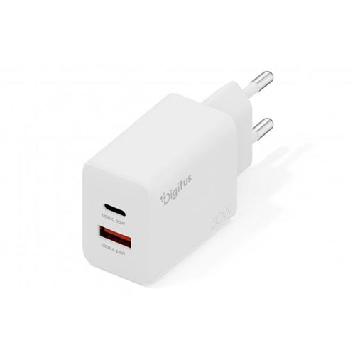 Digitus USB GaN 30W phone charger, 1x USB-C, 1x USB-A, simultaneous charging of 2 devices, white