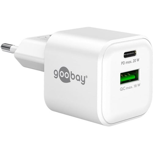 Goobay Nano 20W phone charger, USB-C PD and USB-A QC, GaN technology, dual output, white