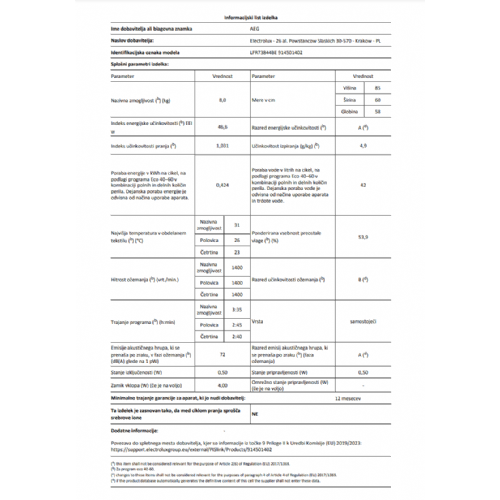 Pralni stroj AEG LFR61944BE, 9 kg, 1400 obr./min, razred A, 59,7 x 84,7 x 63,1 cm