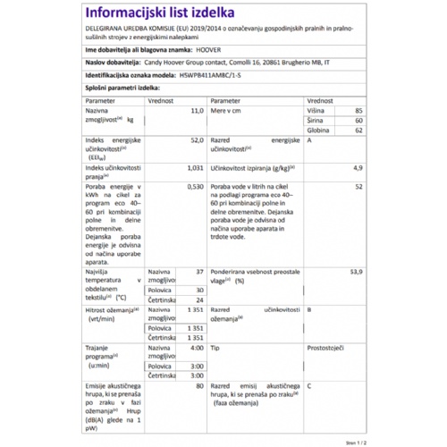 Pralni stroj Hoover H5WPB411AMBC/1-S, 11 kg, 1400 obr./min, razred A, 60 x 85 x 62 cm