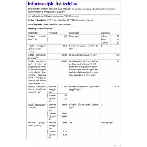Pralni stroj Vox WM 1050-YTD, 5 kg, 1000 obr./min, razred D, 15 programov
