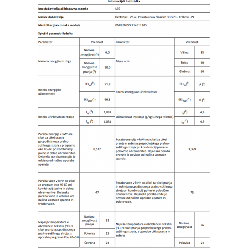 Pralno-sušilni stroj AEG LWR85165O, UniversalDose, 10 kg + 6 kg, Wi-Fi, 59,7 x 84,7 x 63,1 cm