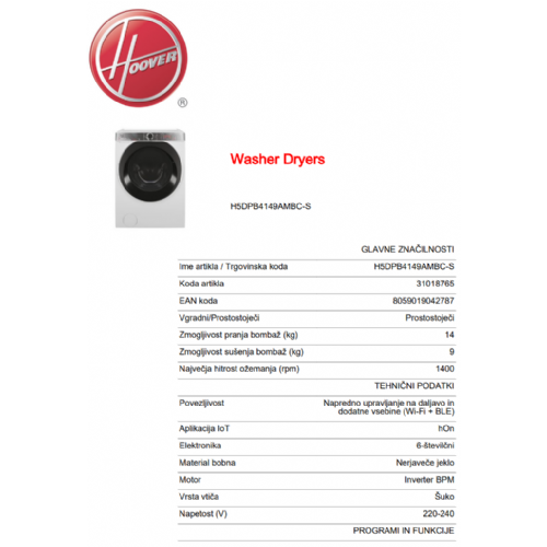 Pralno-sušilni stroj Hoover H5DPB4149AMBC-S, 14 kg + 9 kg, 1400 obr./min, razred F, 60 x 85 x 67 cm