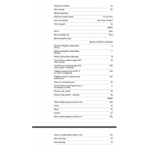 Pralno-sušilni stroj Hoover H5DPB4149AMBC-S, 14 kg + 9 kg, 1400 obr./min, razred F, 60 x 85 x 67 cm