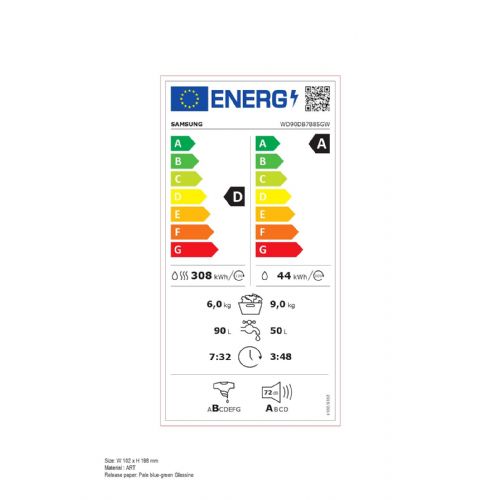 Pralno sušilni stroj Samsung WD90DB7B85GWU4, 9 kg, 1.400 vrt./obr, tiho delovanje, 60 x 85 x 60 cm