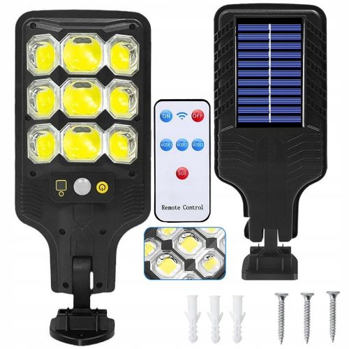 Solar rechargeable street light HS-8037-B, 63 LED COB, motion and twilight sensor, remote control, 1200 mAh battery, black color