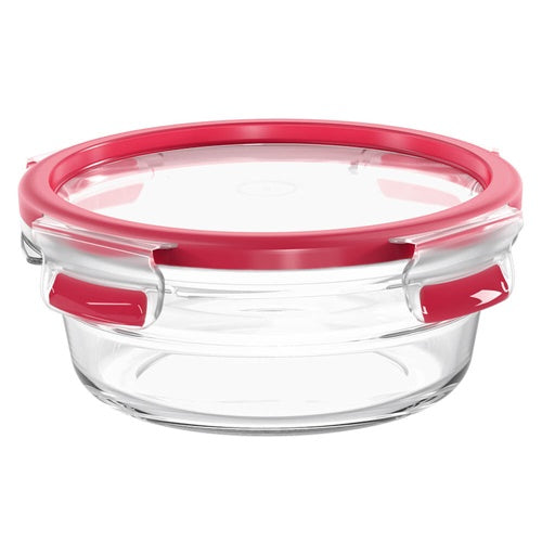 Glass food storage container EMSA Clip & Close 0.6 L, round, 16.7 cm, transparent/red