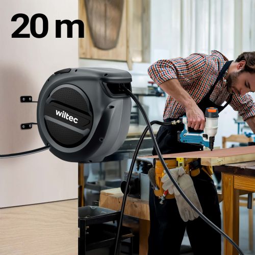 Wiltec wall-mounted compressor automatic extension hose, 20 m, 17 bar, reel with automatic winding, black