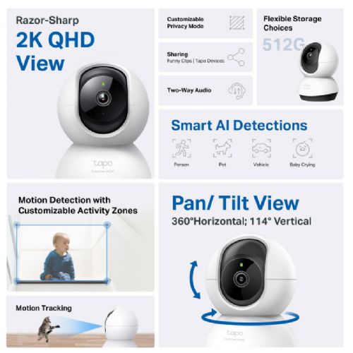 TP-Link Tapo C220 security camera, day/night, pan/tilt, QHD, Wi-Fi, white