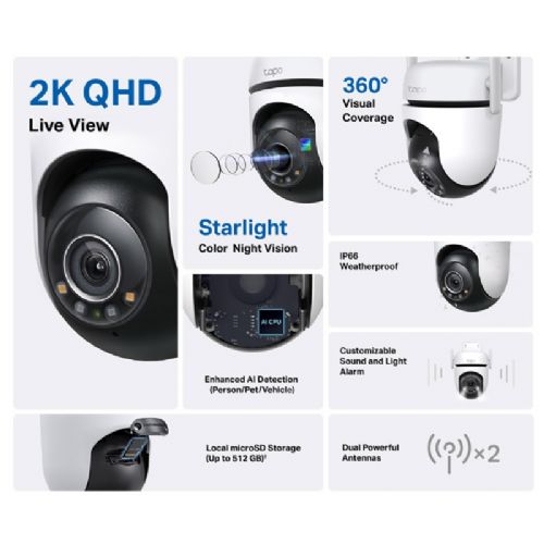 Zunanja nadzorna kamera TP-Link Tapo C520WS, IR, 2K, IP66, 360°, Wi-Fi, antena, bela