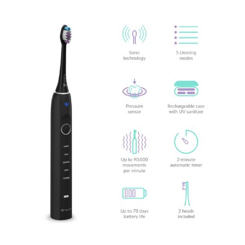Sonična zobna ščetka TrueLife SonicBrush Clean70 UV Black, 90.000 gibov/min, 5 načinov, SmartPressure senzor, UV sterilizacija, do 70 dni delovanja, USB-C, črna