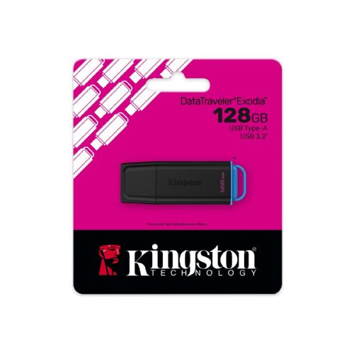 USB 128GB Kingston DataTraveler Exodia black/blue, USB-A 3.2 Gen 1, cap, key loop, compatible with Windows/macOS/Linux