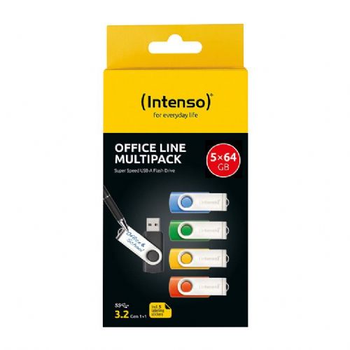 USB 64GB Intenso Office Line komplet 5x, USB-A 3.2, 70 MB/s, večbarvni, nalepke