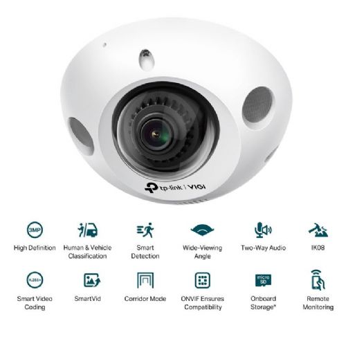 TP-Link VIGI C230I Mini 3MP Security Camera 2.8mm Ultra Wide Angle Lens, Smart Detection, People and Vehicle Classification, IR Night Vision, IK08 Vandal Resistant