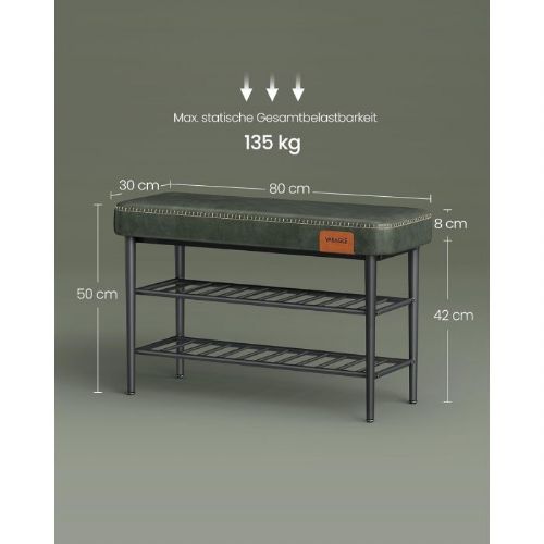 VASAGLE EKHO Shoe Bench, Faux Leather, 135 kg Load Capacity, Forest Green, 30 x 80 x 50 cm