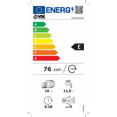 Prostostoječi pomivalni stroj VOX LC10Y15C IX E, razred E, 10 pogrinjkov, 6 programov, srebrn