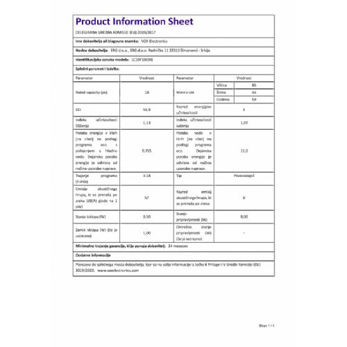 Prostostoječi pomivalni stroj VOX LC10Y15C IX E, razred E, 10 pogrinjkov, 6 programov, srebrn