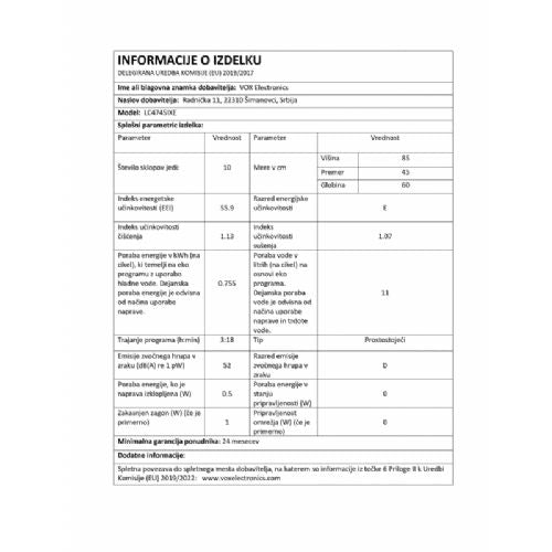 Prostostoječi pomivalni stroj VOX LC 4745 IX E, razred E, 10 pogrinjkov, 7 programov, srebrne barve