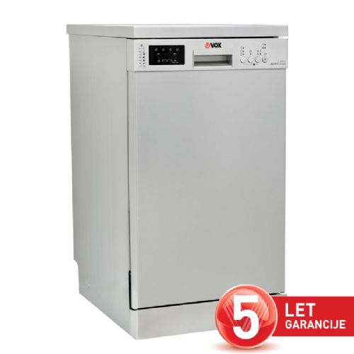 Prostostoječi pomivalni stroj VOX LC 4745 IX E, razred E, 10 pogrinjkov, 7 programov, srebrne barve