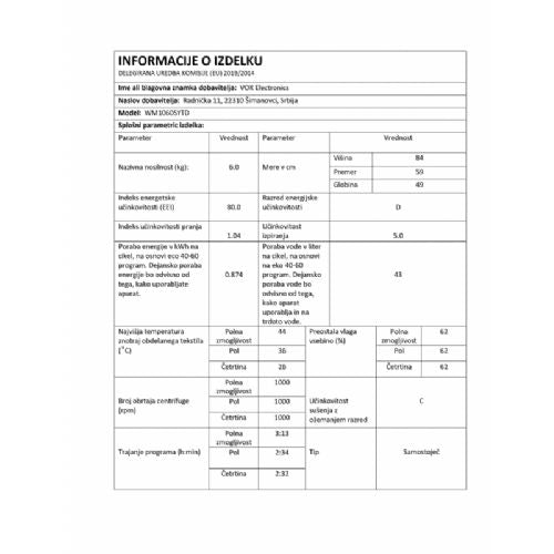 Pralni stroj VOX WM 1060-SYTD, razred D, 6 kg, 1000 obr./min, 15 programov, 59,7 x 84,5 x 49,7 cm, bela
