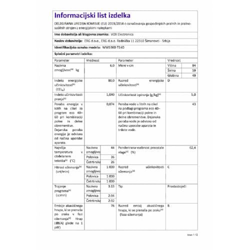 Pralni stroj Vox WM 1060-T14D, 6 kg, 1000 obr./min, razred D, 15 programov, 59,7 x 84,5 x 49,7 cm, bela