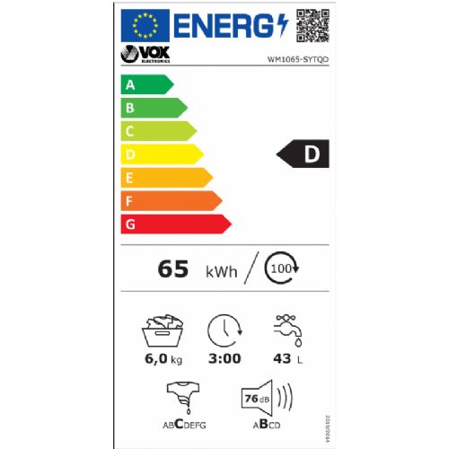 Pralni stroj VOX WM 1065-SYTQD, razred D, 6 kg, 1000 obr./min, 15 programov, 59,7 x 84,5 x 41,6 cm, bela
