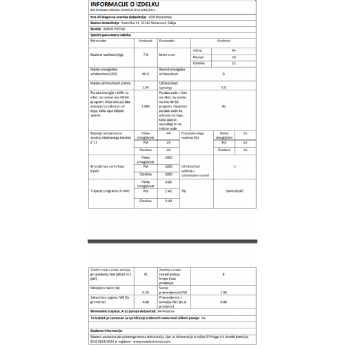 Pralni stroj Vox WM 1075-LTQD, razred D, 7 kg, 1000 obr./min, 15 programov