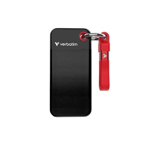 Zunanji SSD Verbatim Pocket SSD 1 TB, Externe SSD USB-C 3.2 Gen 2 (10 Gbit/s),z osebkom za ključe, črna/rdeča