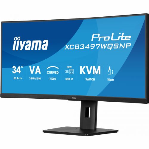 Monitor Iiyama ProLite XCB3497WQSNP, 86,4 cm (34"), 3440 x 1440, 21:9, VA, 350 cd/m2, 0,4 ms, ukrivljen, črna