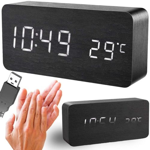 4in1 wooden modern electronic alarm clock and thermometer 15cm black