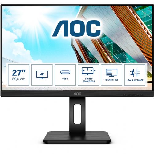 Monitor AOC U27P2CA 68,58 cm (27"), 3840x2160 (4K UHD), IPS, 350 cd/m2, 16:9, 4ms 60Hz HDMI DP USB-C 65W,  Pivot Black