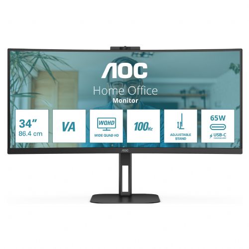 Monitor AOC CU34V5CW/BK 86,4 cm (34"), VA, 300 cd/m2, 21:9, HDMI, DP, USB-C 65W, cam
