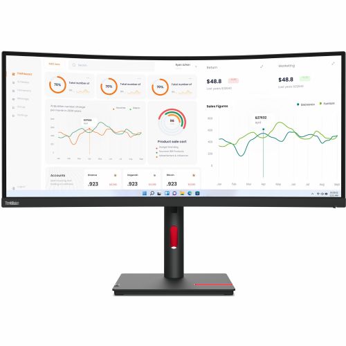 Monitor Lenovo ThinkVision T34w-30, ukrivljen, 86,36 cm (34"), 3440 x 1440 (4K UHD), VA, 350 cd/m2, 21 : 9, 60 Hz, 3000 : 1, 3M : 1, 6 ms, USB-C (75 W), HDMI 2.0, DP 1.4, RJ45, USB-hub, črn (63D4GAT1EU)