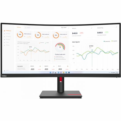 Monitor Lenovo ThinkVision T34w-30, ukrivljen, 86,36 cm (34"), 3440 x 1440 (4K UHD), VA, 350 cd/m2, 21 : 9, 60 Hz, 3000 : 1, 3M : 1, 6 ms, USB-C (75 W), HDMI 2.0, DP 1.4, RJ45, USB-hub, črn (63D4GAT1EU)