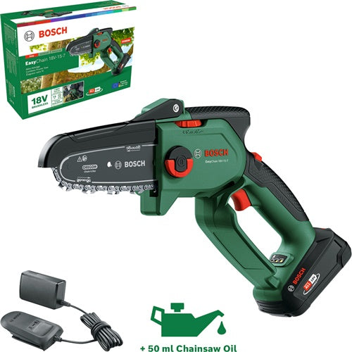 Cordless chainsaw Bosch EasyChain 18V-15-7, 18V, Li-Ion battery 2.5Ah, Power For All Alliance, green/black