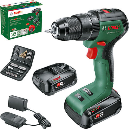 Cordless impact drill Bosch UniversalImpact 18V-60 + KIT (green/black, 2x lithium-ion battery 2.0 Ah, case + 51-piece accessory set, POWER FOR ALL ALLIANCE)