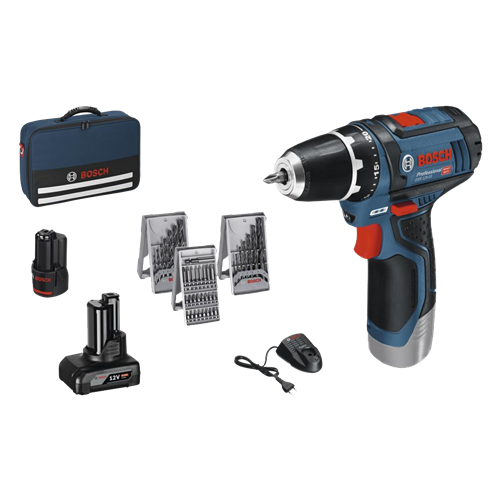 Cordless drill driver Bosch GSR 12V-15 Professional, 12V, 1x Li-Ion battery 2.0Ah, 1x Li-Ion battery 4.0Ah, attachments and drill bit, blue/black