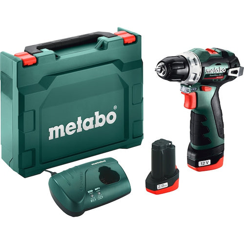 Metabo PowerMaxx BS BL cordless drill (601721500), 12 V (green/black, 2x lithium-ion battery 2.0 Ah, in case)
