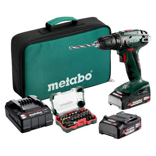 Metabo BS 18 Set (602207930) 18 V cordless drill/driver (green/black, 2x 2.0 Ah lithium-ion battery, in tool bag + 32-piece accessory set)
