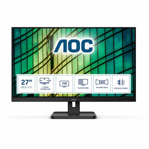 Monitor AOC 27E2QAE 68,58 cm (27"), 1920x1020 (FHD), IPS, 300 cd/m2, 16:9 4ms HDMI VGA DisplayPort VESA zvočnik Full HD črn