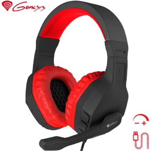 GENESIS Argon 200 gaming headset with microphone, STEREO 2.0, LED lighting, braided USB cable - black-red