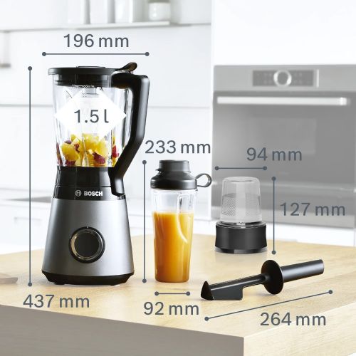 Blender Bosch Serie 4 Standmixer VitaPower MMB6177S, 1.200 W, 1.5 L, s sekljalnikom in skodelico ToGo, črna/srebrna