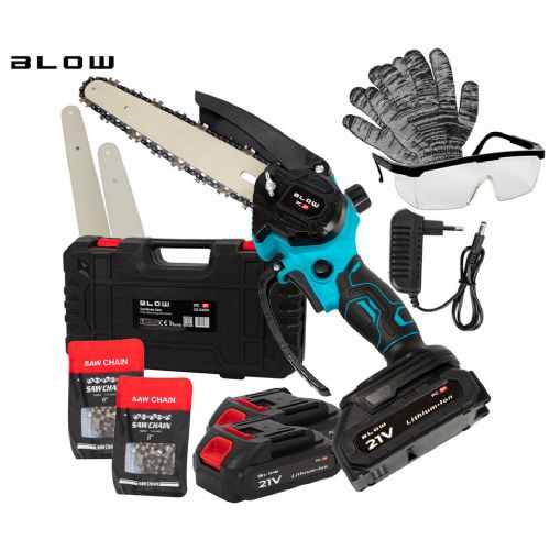 BLOW PC01 cordless hand chainsaw, 1000W power, 24,000RPM motor, 2x 50.4Wh 21V 2.4Ah rechargeable battery, carbon steel chain, ABS, metal, +accessories, black-green